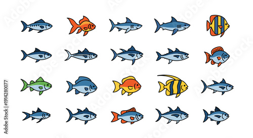 A vibrant collection of twenty flat-design fish icons showcases a diverse array of marine life, including various species of colorful and grey-scaled fish, on a plain white background.