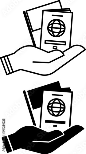 Citizenship Icons. Line and Glyph Vector Illustrations. Flag and Passport in a Human Hand. Migration Concept