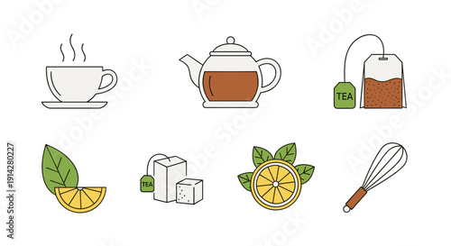 Colorful icons feature a teacup, teapot, tea bags, sugar cubes, lemon, and a whisk, showing tea preparation elements on a white background.
