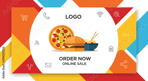 A colorful food banner features a whole pizza, a tasty burger, and a bowl of noodles, displaying ORDER NOW ONLINE SALE text and shopping icons on a vibrant abstract background.