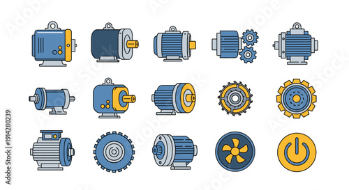 Colorful icons show electric motors, gears, fans, and a power button, forming industrial machine elements on a simple white background.