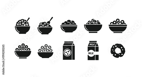 Black icons display varied breakfast cereals in bowls, two milk cartons, and lone cereal ring, presented on a simple white background.
