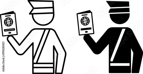 Customs Officer Icons. Line and Glyph Vector Illustrations. Customs Inspector. Person Checking Documents and Belongings of Passengers Crossing the Border. Migration Concept