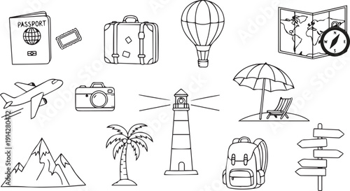 Travel icons on isolated objects isolated on transparent background