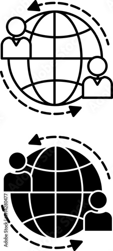 Global Movement Icons. Line and Glyph Vector Illustrations. Planet Earth, People, and Arrows. Activists Around the World with Common Goals. Migration Concept