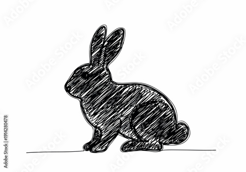 A simple, stylized sketch of a rabbit sitting on a flat line, rendered in a scratchy black and white artistic style, perfect for conceptual illustrations