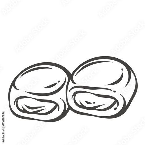 Artisan bread halves with rustic crust and airy crumb texture. Classic bakery bread cut pieces in retro line style, monochrome bread illustration, vector illustration.