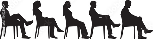 Silhouettes of people sitting on chairs in a waiting room.