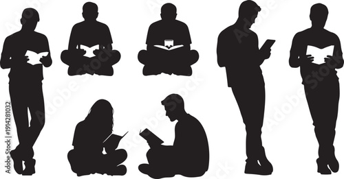 Seven silhouettes engrossed in reading various books and devices