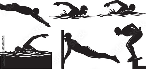 Illustration of various swimming strokes and diving techniques