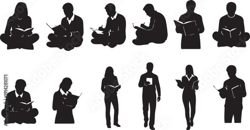 Diverse group of people engaged in reading activities in various poses