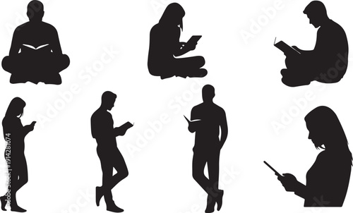 Seven silhouettes of people engaged in various activities with smartphones