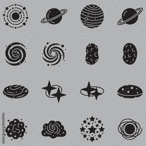 Vector icons representing space technology, including various satellite designs, parabolic radar dishes, telescopes, solar panels, and global tracking stations.