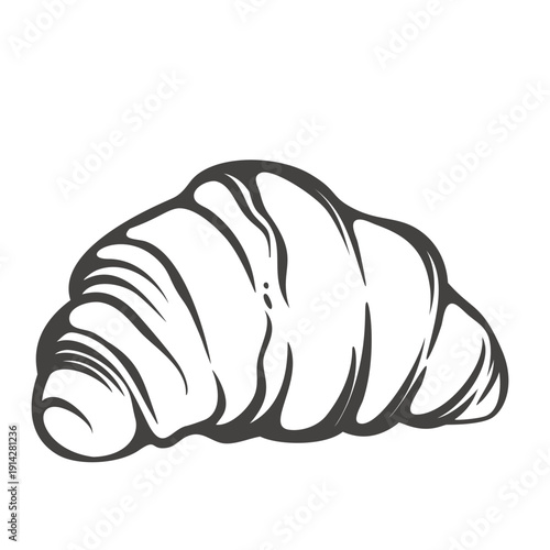 Croissant pastry with classic crescent shape and layered dough texture. Traditional French bakery croissant in retro line style, monochrome baking vector illustration.