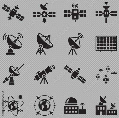 Vector icons representing space technology, including various satellite designs, parabolic radar dishes, telescopes, solar panels, and global tracking stations.