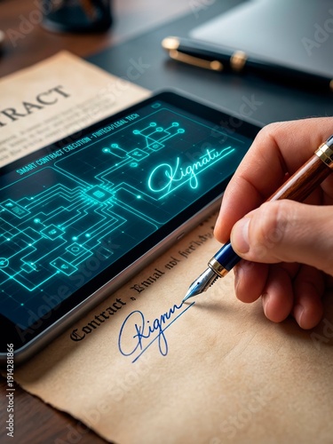 identical signature and complex logic pathway visualization (glowing cyan lines and nodes) instantly appears on an adjacent digital tablet, representing the automated execution of a smart contract