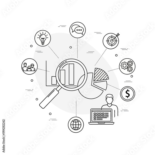 A comprehensive illustration of business analytics, strategy development, and digital marketing processes, featuring data visualization, teamwork, financial goals, and technological implementation.