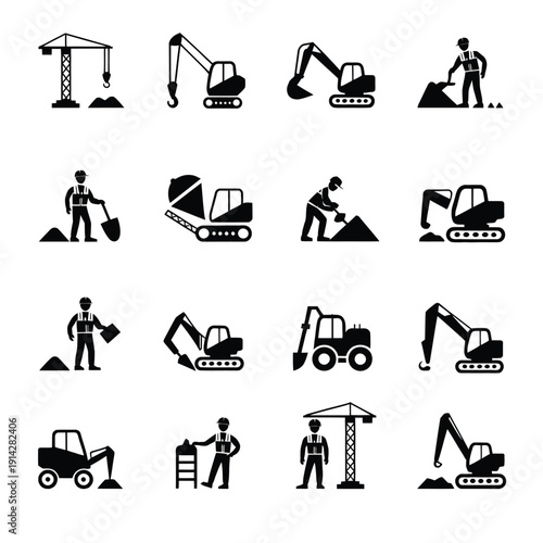 Construction icons, collection clean and minimalist icon set depicting a range of construction site activities, essential heavy machinery, and skilled workers