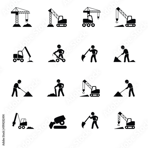 Construction icons, featuring cranes, excavators, workers digging and building, including industrial equipment, construction vehicles, safety gear, and worksite elements for design and illustration.