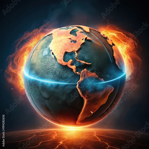 Basketball planet earth with fiery ring and glowing blue equator on dark background