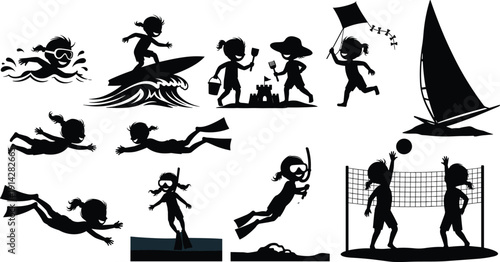 Children beach swimming surfing sandcastle kite sailing snorkeling fun flat vector
