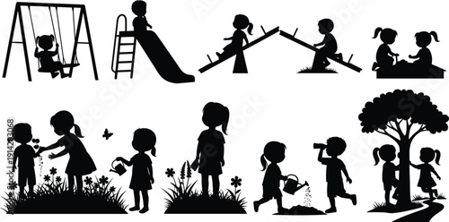 Children playground outdoor nature play learning fun activities flat vector