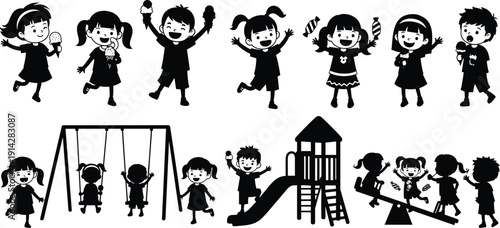 Children playground swings slide seesaw ice cream candy fun flat vector