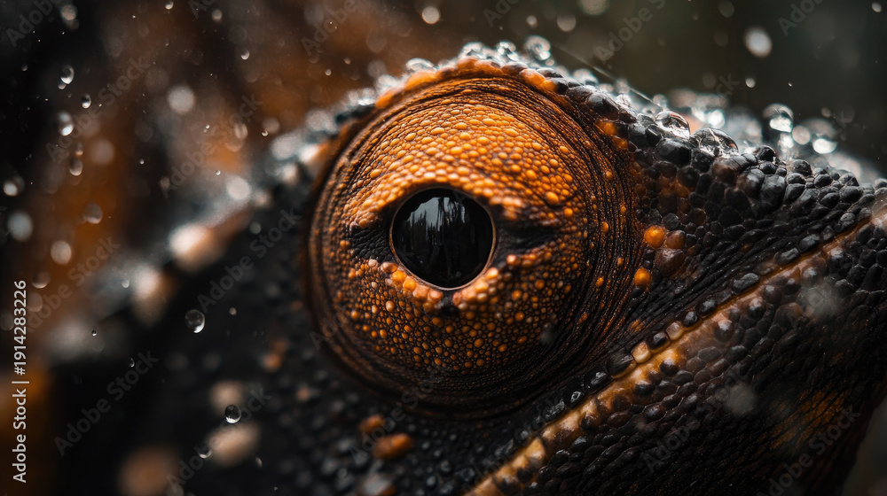 custom made wallpaper toronto digitalClose-up of a chameleon's captivating eye, with water droplets on its textured skin. Captivating details of eye with water drops and beautiful skin AI Generative