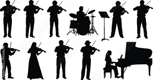 Musicians orchestra violin piano drum performance concert silhouettes flat vector
