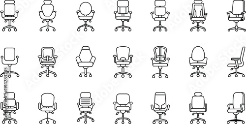 Set of modern office chair line icons featuring various ergonomic desk chairs, executive seating, swivel furniture, and workplace armchair symbols for interior design projects.