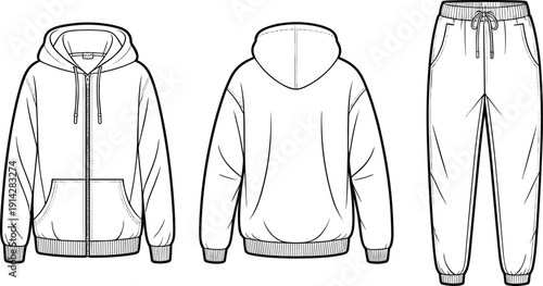 Technical fashion flat sketch set of a zippered hoodie and matching drawstring joggers, showing front and back views for sportswear design and manufacturing templates.