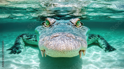 Wallpaper Mural A captivating close-up underwater portrait of an alligator, with eyes locked in intense gaze, submerged in clear, turquoise water. AI Generative Torontodigital.ca
