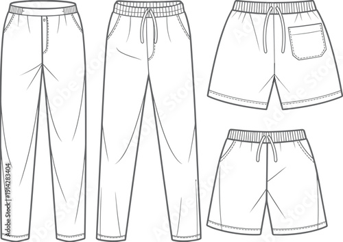 Technical fashion flat sketches of men's and women's trousers and drawstring shorts set, showing front views for apparel design, manufacturing, and clothing CAD templates.