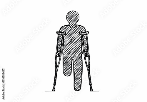 A stylized sketch of a person with a prosthetic leg, using crutches for support, emphasizing mobility and assistance