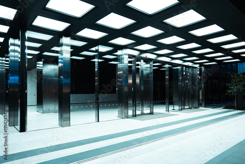 Futuristic neon lobby entrance with chrome reflections and geometric ceiling, Modern cyberpunk style building interior with LED lighting and glass reflections