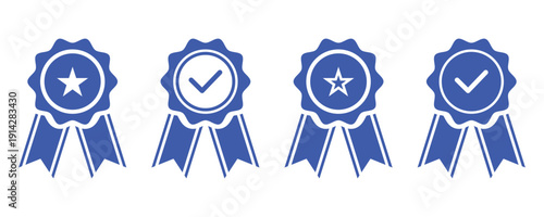 Approval check big icon set. Verified, certified, medal, correct mark, award ribbon, badge, quality certify sign vector 