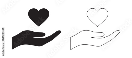 Hands holding heart icon set for love, health and healthcare in flat and line style vector