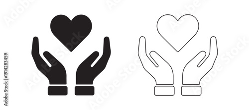 Hands holding heart icon set for love, health and healthcare in flat and line style vector