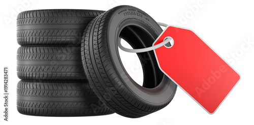 Car tires stack with blank red price tag, sale and promotion concept, 3D rendering