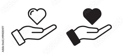 Hands holding heart icon set for love, health and healthcare in flat and line style vector