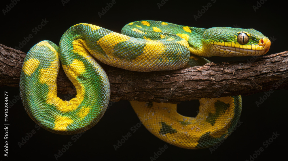 custom made wallpaper toronto digitalA striking close-up of a vibrant green and yellow snake resting on a branch AI Generative