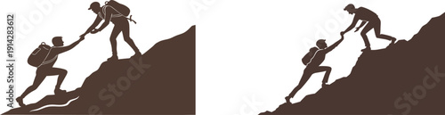 Silhouette of Hiker Helping Partner Up a Steep Mountain Peak, Teamwork and Mentorship Concept