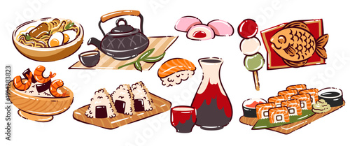 Japanese food doodle set with ramen, sushi rolls, onigiri, mochi, dango, tea kettle, sake bottle and cup. Traditional Japanese cuisine icons in cartoon style, vector illustration.
