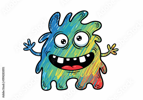 Colorful Cartoon Monster with Big Grin and Waving Arms, A Whimsical Creature Illustration for Playful Designs