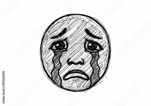 A sketch of a crying smiley face with tears streaming down its cheeks, conveying sadness and distress through its expressive drawing