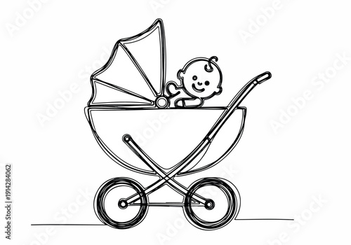 Whimsical sketch of a smiling baby in a vintage pram, evoking joy and new beginnings, perfect for baby shower invitations or nursery decor
