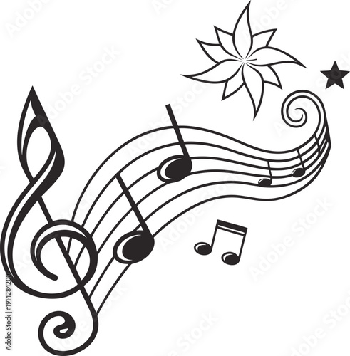 Treble Clef and Musical Notes with Decorative Flower and Star Elements