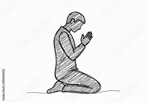 Illustrative sketch of a person kneeling in prayer, hands clasped in devotion and contemplation