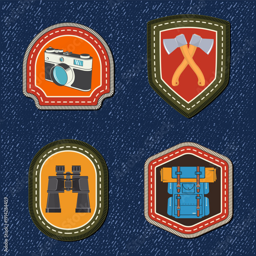 Set of Scout badge with compass, camping mug, pine cone, travel backpack, crossed axes. Vector. Merit patch, sticker for camping outdoor and academic activities