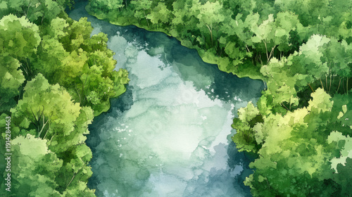 Wallpaper Mural A scenic aerial view of a river meandering through a dense forest, creating a harmonious and tranquil landscape. AI Generative Torontodigital.ca